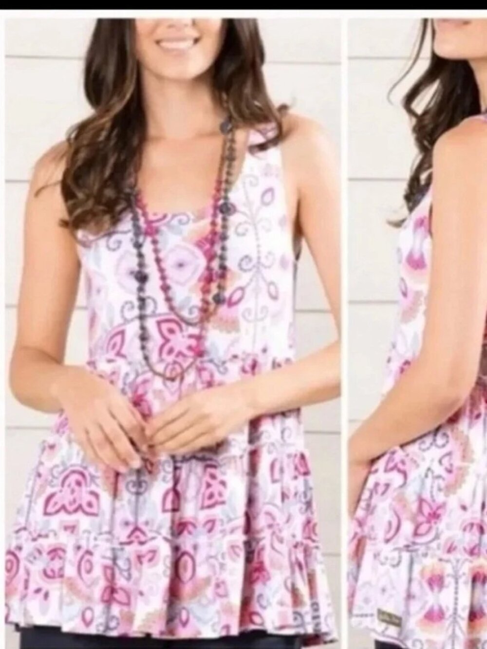 Matilda Jane Women’s Pink Breathe Deeply Ruffle Tiered Floral Tank Blouse Med